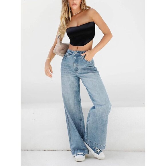 Women Wide Leg Baggy Jeans Y2K Vintage Denim Mid Waist Distressed Casual - Picture 2 of 7